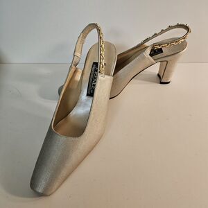 J. Renee Size 7.5 Sterling Silver Linen Embellished Slingbacks 3" Block Heel NEW